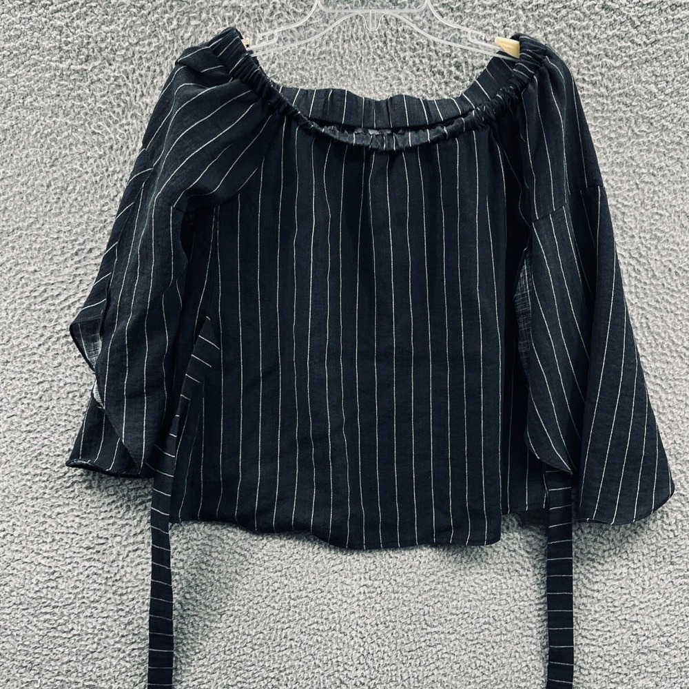 Womens Boho Peasant Blouse M Pinstripe Off Shoulder Bell Sleeve Cottage Romantic